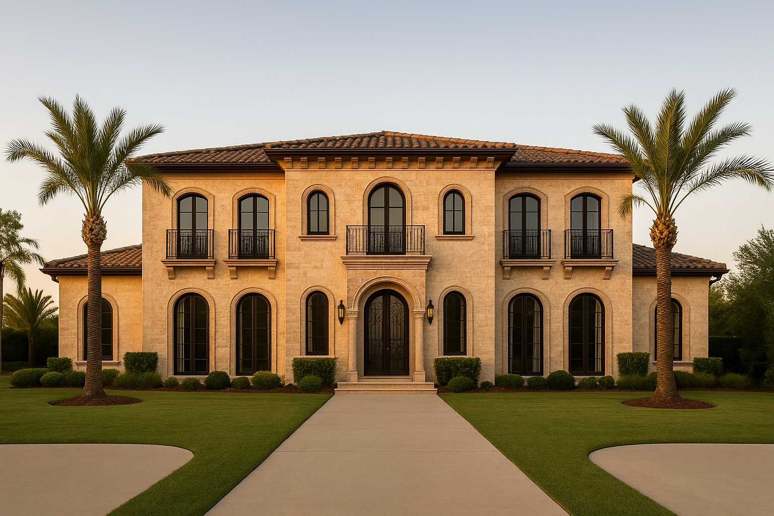A large Mediterranean style house with a tan exterior, brown trim, and a tiled roof set against a blue sky.